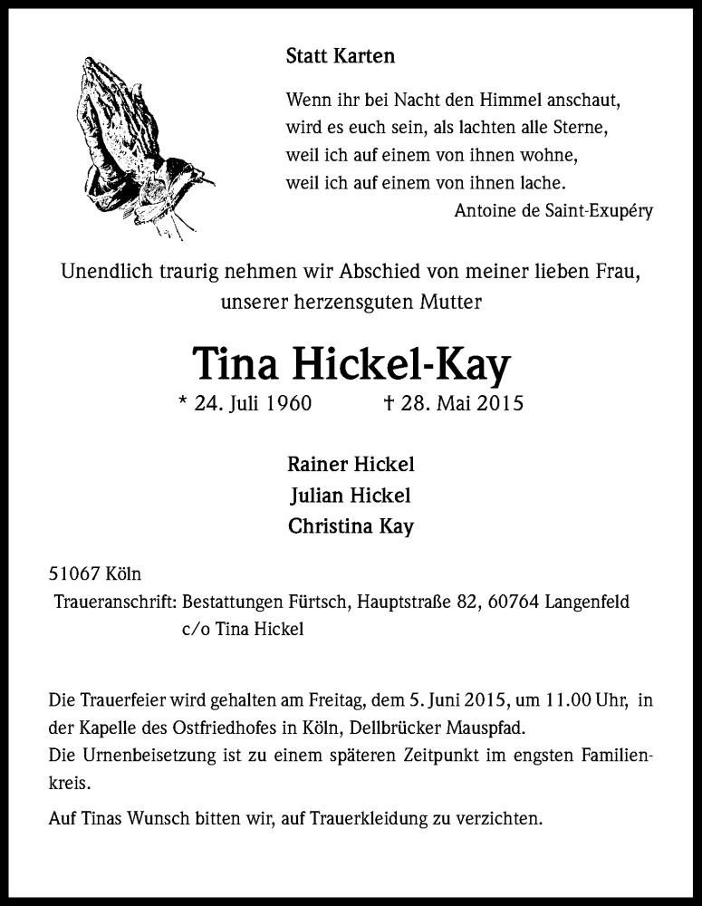  Traueranzeige für Tina Hickel-Kay vom 03.06.2015 aus Kölner Stadt-Anzeiger / Kölnische Rundschau / Express
