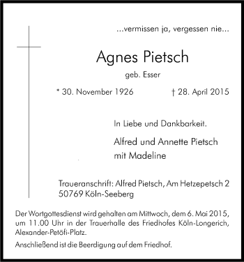 Anzeige von Agnes Pietsch von Kölner Stadt-Anzeiger / Kölnische Rundschau / Express