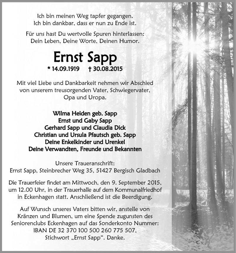  Traueranzeige für Ernst Sapp vom 02.09.2015 aus  Anzeigen Echo 