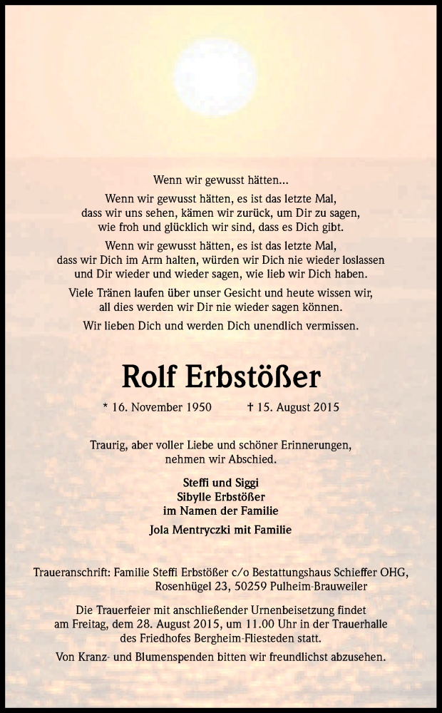  Traueranzeige für Rolf Erbstößer vom 22.08.2015 aus Kölner Stadt-Anzeiger / Kölnische Rundschau / Express