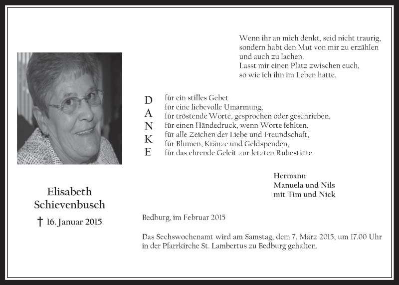  Traueranzeige für Elisabeth Schievenbusch vom 25.02.2015 aus  Werbepost 