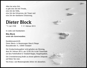 Anzeige von Dieter Block von Kölner Stadt-Anzeiger / Kölnische Rundschau / Express