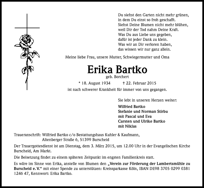  Traueranzeige für Erika Bartko vom 28.02.2015 aus Kölner Stadt-Anzeiger / Kölnische Rundschau / Express