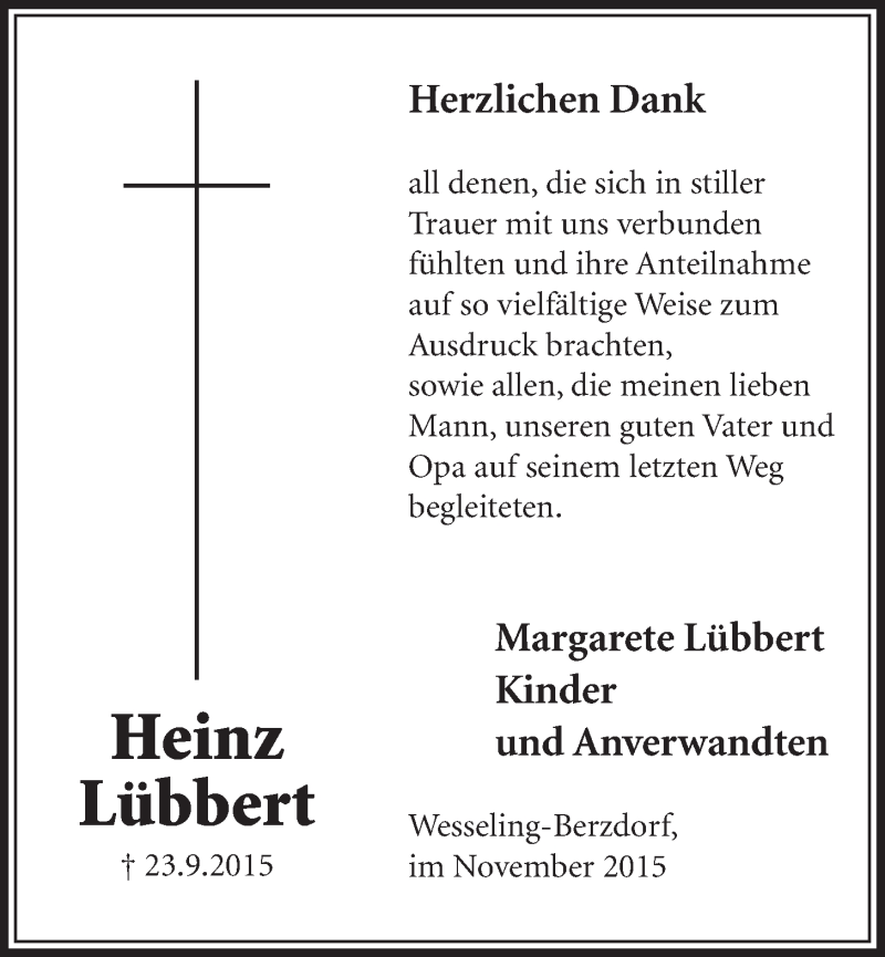  Traueranzeige für Heinz Lübbert vom 11.11.2015 aus  Schlossbote/Werbekurier 