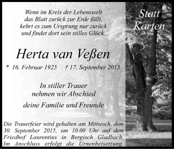 Anzeige von Herta van Veßen von Kölner Stadt-Anzeiger / Kölnische Rundschau / Express