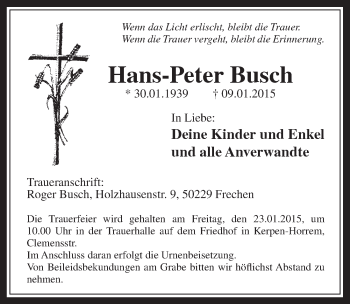 Anzeige von Hans-Peter Busch von  Wochenende 