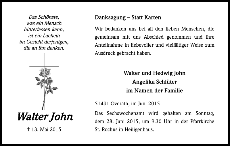  Traueranzeige für Walter John vom 13.06.2015 aus Kölner Stadt-Anzeiger / Kölnische Rundschau / Express