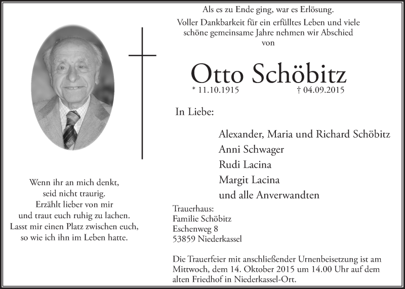  Traueranzeige für Otto Schöbitz vom 07.10.2015 aus  Extra Blatt 