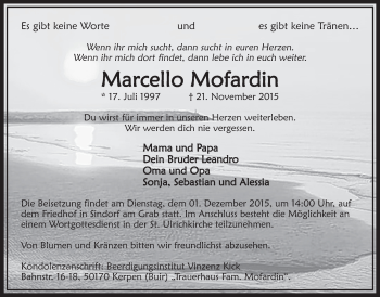 Anzeige von Marcello Mofardin von  Sonntags-Post 