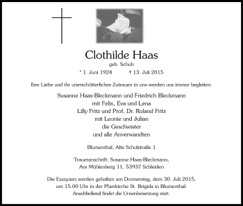 Anzeige von Clothilde Haas von Kölner Stadt-Anzeiger / Kölnische Rundschau / Express