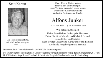 Anzeige von Alfons Junker von Kölner Stadt-Anzeiger / Kölnische Rundschau / Express