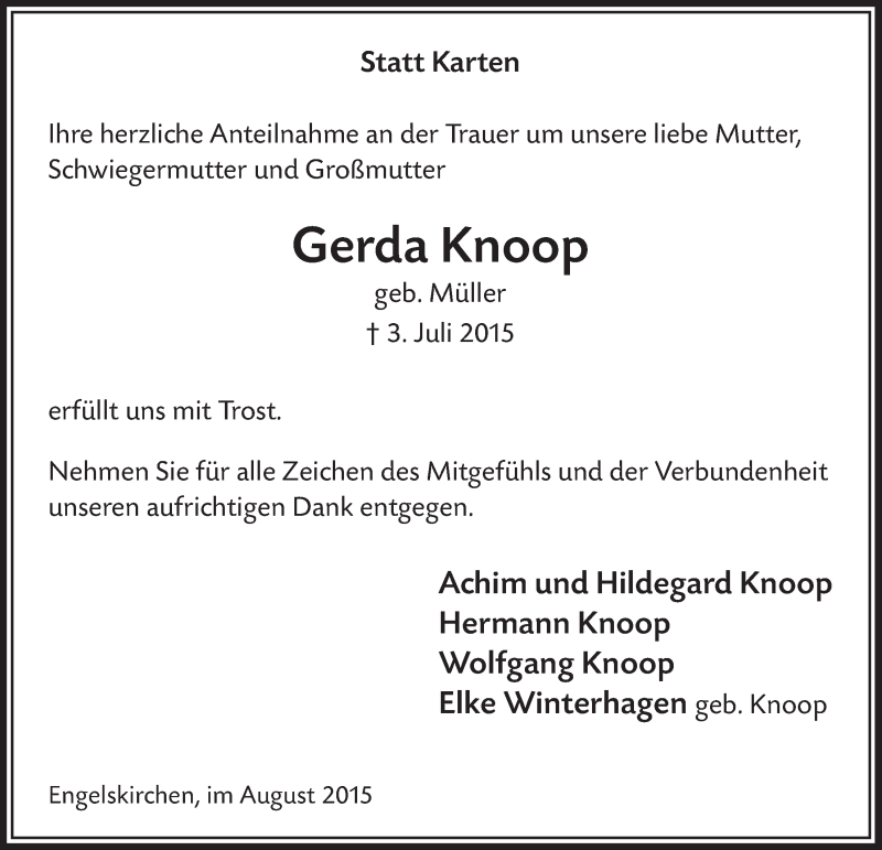  Traueranzeige für Gerda Knoop vom 05.08.2015 aus  Anzeigen Echo 