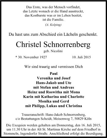 Anzeige von Christel Schnorrenberg von Kölner Stadt-Anzeiger / Kölnische Rundschau / Express
