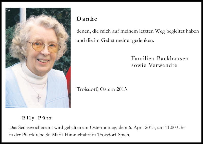  Traueranzeige für Elly Pütz vom 04.04.2015 aus Kölner Stadt-Anzeiger / Kölnische Rundschau / Express