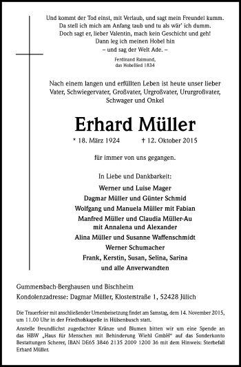Anzeige von Erhard Müller von Kölner Stadt-Anzeiger / Kölnische Rundschau / Express