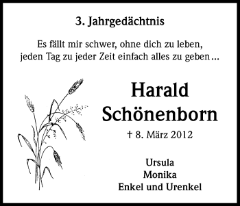 Anzeige von Harald Schönenborn von Kölner Stadt-Anzeiger / Kölnische Rundschau / Express