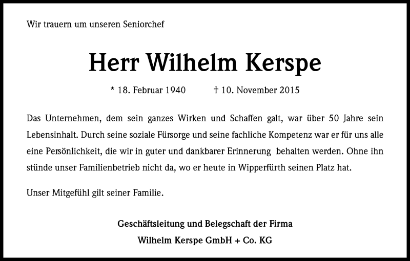 Traueranzeige für Wilhelm Kerspe vom 21.11.2015 aus Kölner Stadt-Anzeiger / Kölnische Rundschau / Express