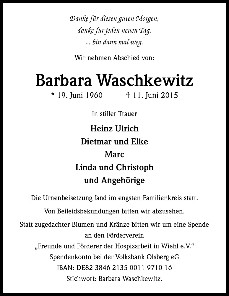  Traueranzeige für Barbara Waschkewitz vom 17.06.2015 aus Kölner Stadt-Anzeiger / Kölnische Rundschau / Express