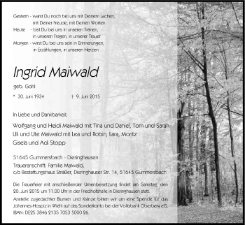 Anzeige von Ingrid Maiwald von Kölner Stadt-Anzeiger / Kölnische Rundschau / Express