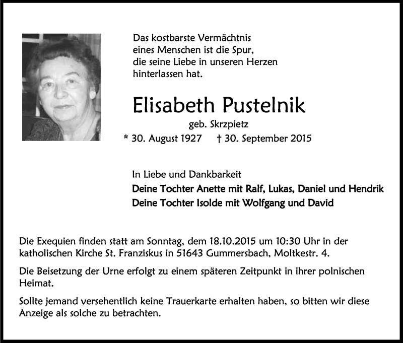  Traueranzeige für Elisabeth Pustelnik vom 10.10.2015 aus Kölner Stadt-Anzeiger / Kölnische Rundschau / Express