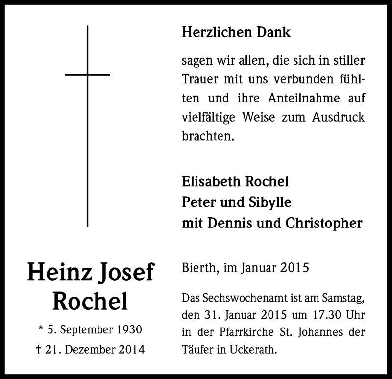  Traueranzeige für Heinz Josef Rochel vom 26.01.2015 aus Kölner Stadt-Anzeiger / Kölnische Rundschau / Express
