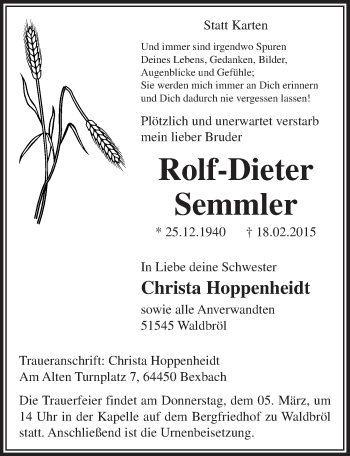 Anzeige von Rolf-Dieter Semmler von  Lokalanzeiger 