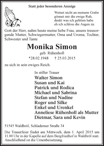 Anzeige von Monika Simon von  Lokalanzeiger 