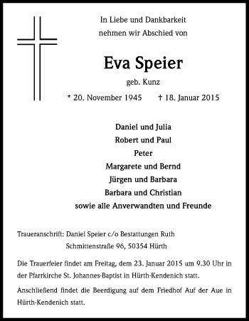 Anzeige von Eva Speier von Kölner Stadt-Anzeiger / Kölnische Rundschau / Express