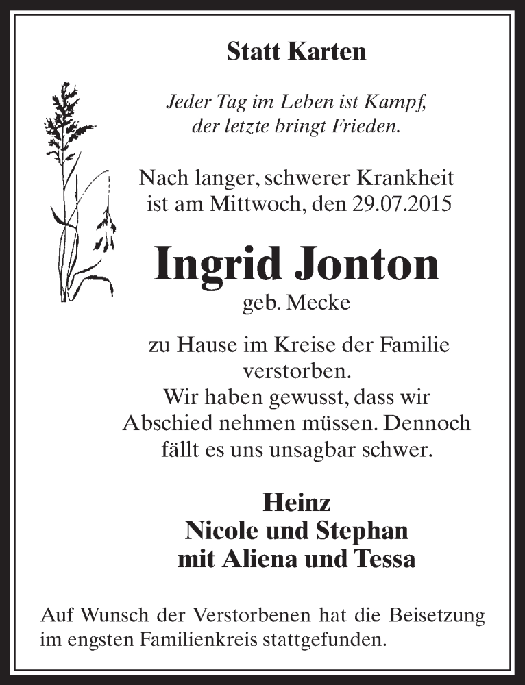  Traueranzeige für Ingrid Jonton vom 12.08.2015 aus  Wochenende 