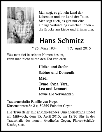 Anzeige von Hans Schmitz von Kölner Stadt-Anzeiger / Kölnische Rundschau / Express