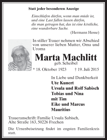 Anzeige von Marta Machlitt von  Wochenende 