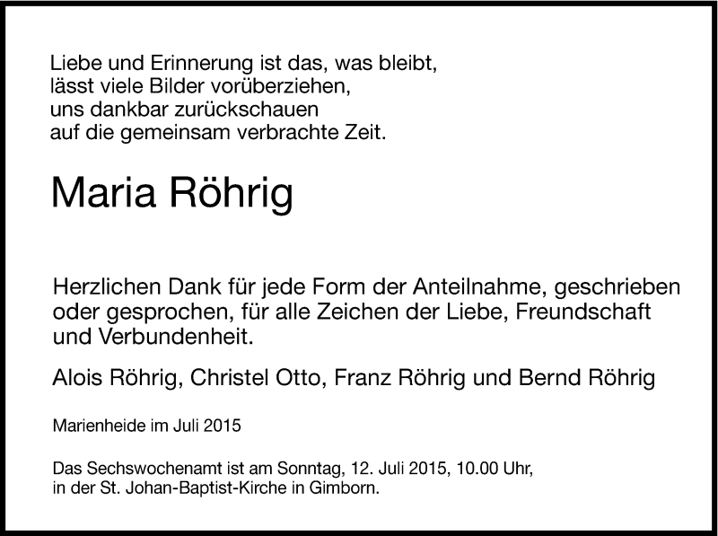  Traueranzeige für Maria Röhrig vom 04.07.2015 aus Kölner Stadt-Anzeiger / Kölnische Rundschau / Express