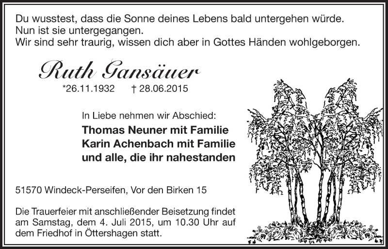  Traueranzeige für Ruth Gansäuer vom 01.07.2015 aus  Lokalanzeiger 