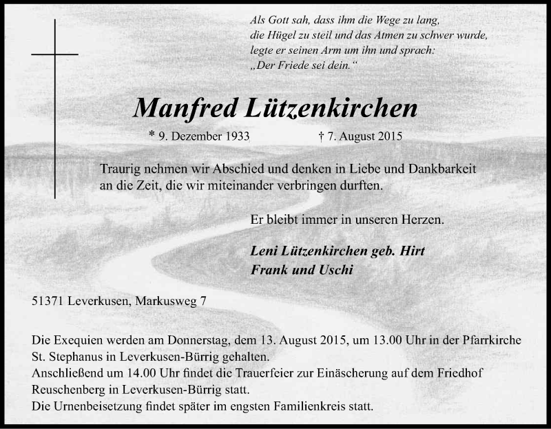  Traueranzeige für Manfred Lützenkirchen vom 11.08.2015 aus Kölner Stadt-Anzeiger / Kölnische Rundschau / Express