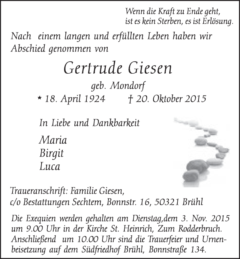  Traueranzeige für Gertrude  Giesen vom 28.10.2015 aus  Schlossbote/Werbekurier 