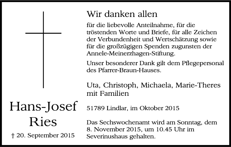  Traueranzeige für Hans-Josef Ries vom 31.10.2015 aus Kölner Stadt-Anzeiger / Kölnische Rundschau / Express