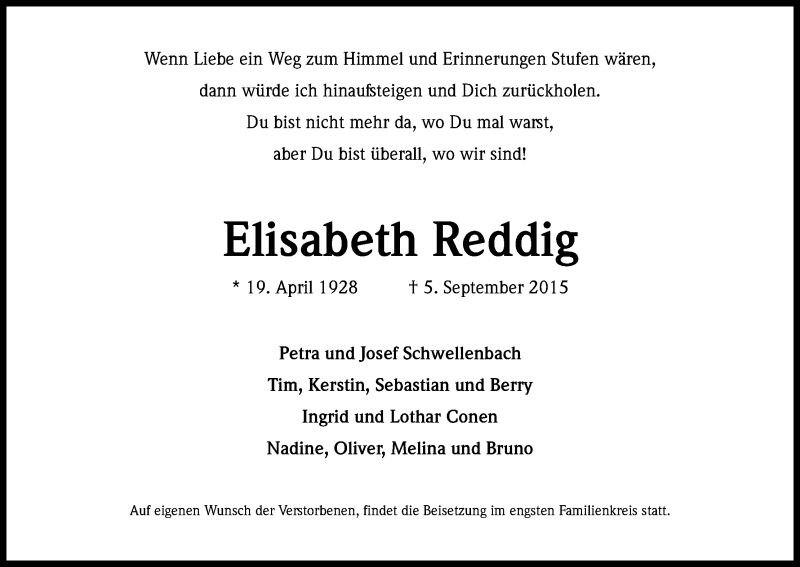  Traueranzeige für Elisabeth Reddig vom 11.09.2015 aus Kölner Stadt-Anzeiger / Kölnische Rundschau / Express