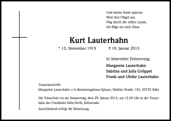 Anzeige von Kurt Lauterhahn von Kölner Stadt-Anzeiger / Kölnische Rundschau / Express