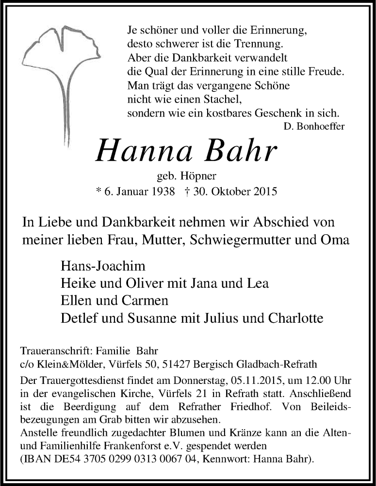  Traueranzeige für Hanna Bahr vom 03.11.2015 aus Kölner Stadt-Anzeiger / Kölnische Rundschau / Express
