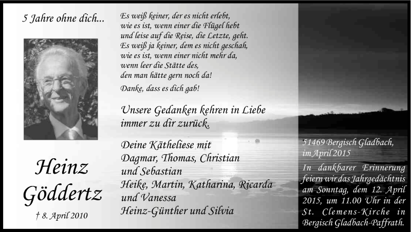  Traueranzeige für Heinz Göddertz vom 11.04.2015 aus Kölner Stadt-Anzeiger / Kölnische Rundschau / Express
