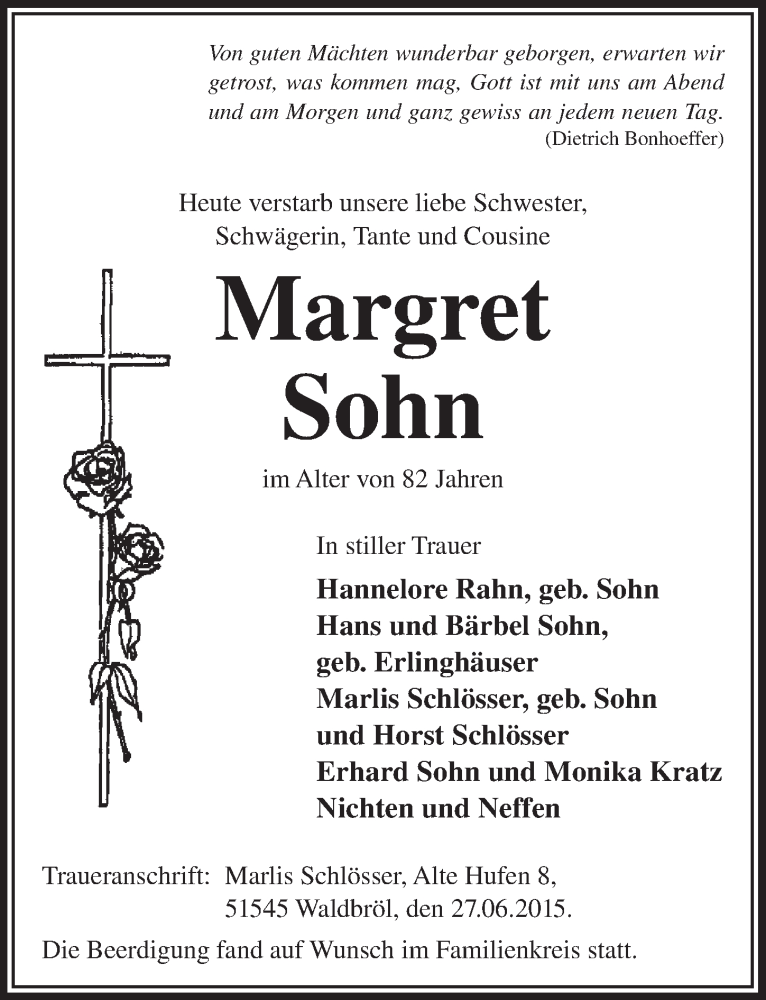  Traueranzeige für Margret Sohn vom 08.07.2015 aus  Lokalanzeiger 