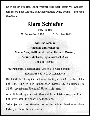 Anzeige von Klara Schiefer von Kölner Stadt-Anzeiger / Kölnische Rundschau / Express