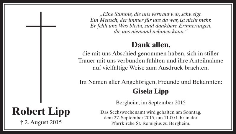  Traueranzeige für Robert Lipp vom 23.09.2015 aus  Werbepost 