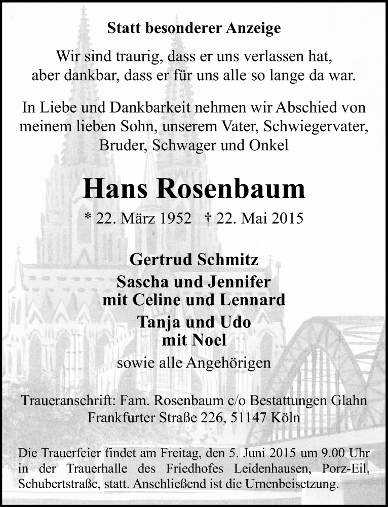  Traueranzeige für Hans Rosenbaum vom 03.06.2015 aus  Kölner Wochenspiegel 