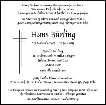 Anzeige von Hans Bürling von Kölner Stadt-Anzeiger / Kölnische Rundschau / Express