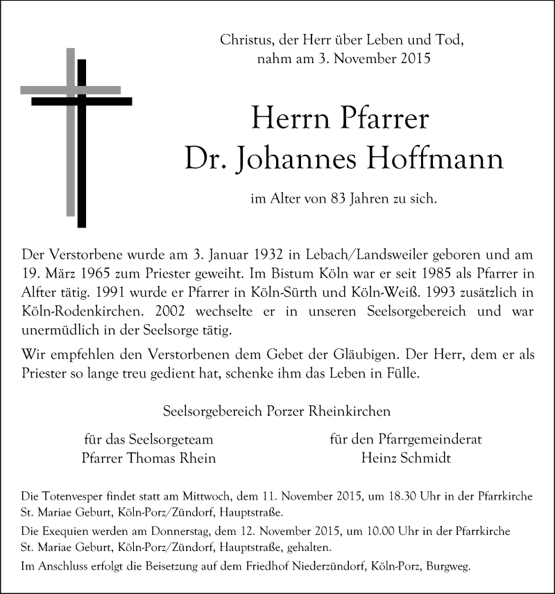  Traueranzeige für Johannes Hoffmann vom 11.11.2015 aus  Kölner Wochenspiegel 