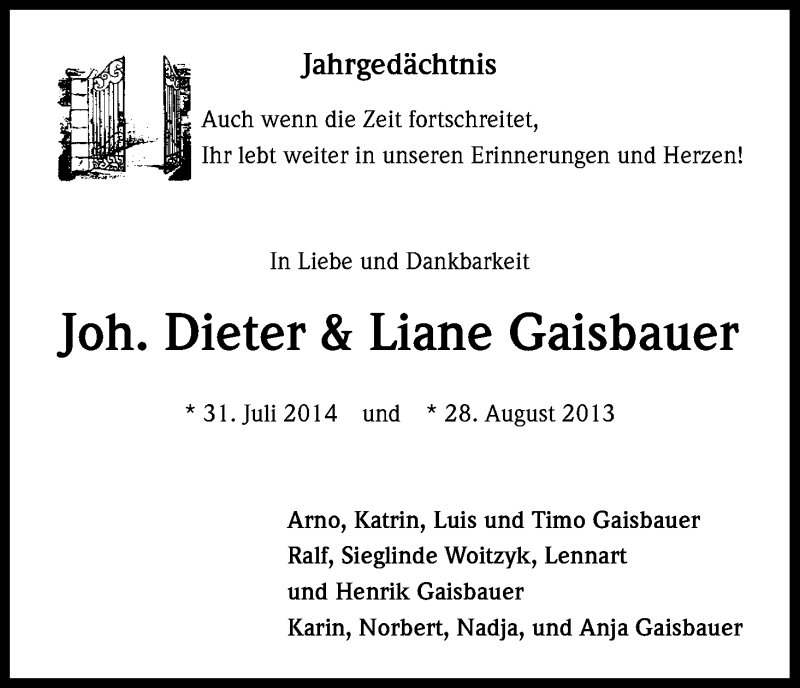  Traueranzeige für Joh. Dieter und Liane Gaisbauer vom 01.08.2015 aus Kölner Stadt-Anzeiger / Kölnische Rundschau / Express