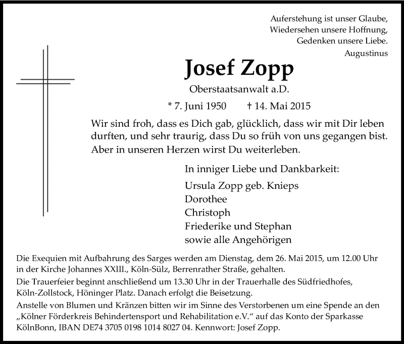  Traueranzeige für Josef Zopp vom 20.05.2015 aus Kölner Stadt-Anzeiger / Kölnische Rundschau / Express