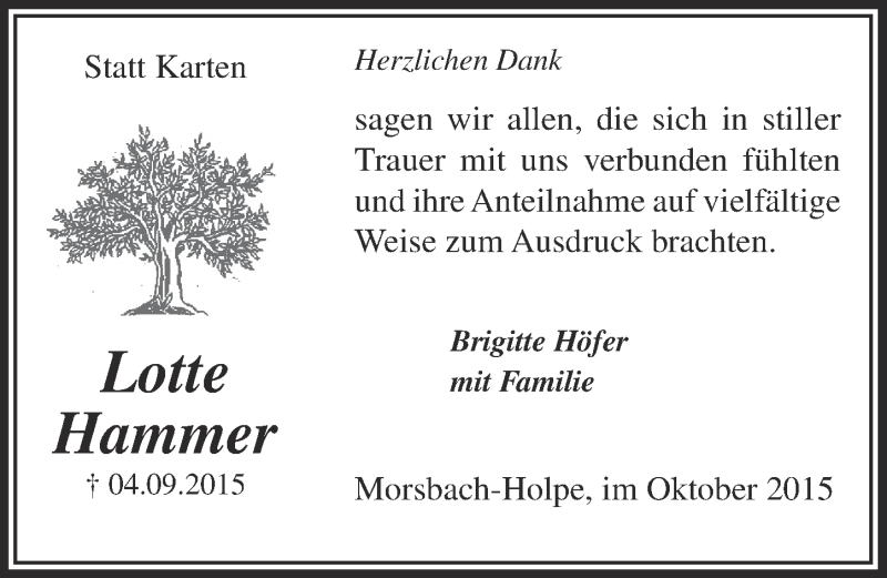  Traueranzeige für Lotte Hammer vom 07.10.2015 aus  Lokalanzeiger 