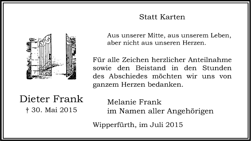  Traueranzeige für Dieter Frank vom 04.07.2015 aus Kölner Stadt-Anzeiger / Kölnische Rundschau / Express